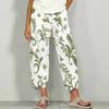 Women Plus Size White Green Floral Printed Loose Cropped Pants Cross Hem With Pockets