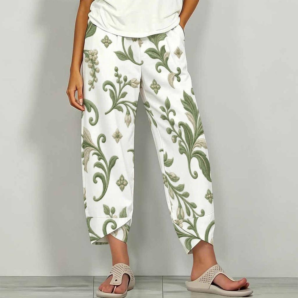 Women Plus Size White Green Floral Printed Loose Cropped Pants Cross Hem With Pockets