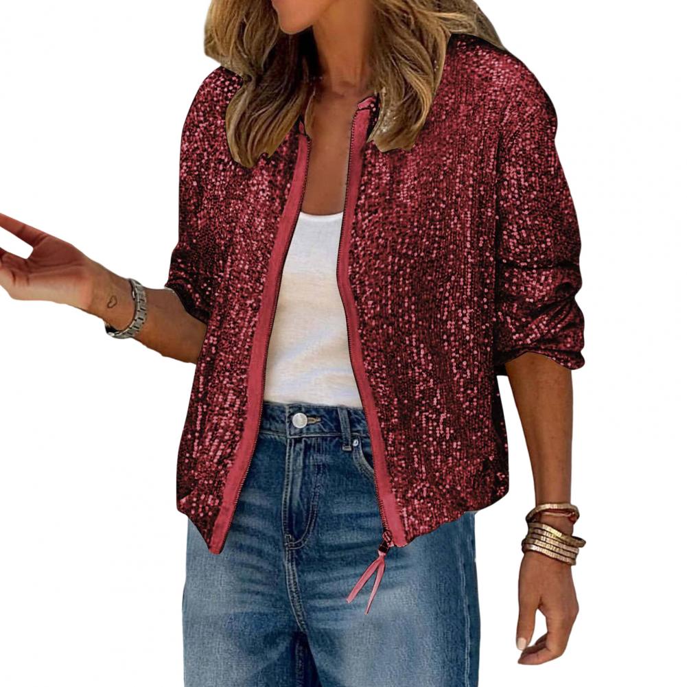 

Жіноче пальто з блискучими блискітками, круглим вирізом, застібкою-блискавкою, довгими рукавами, коротким кардиганом, вільним клубним виступом, спортивною вечірньою курткою XXL