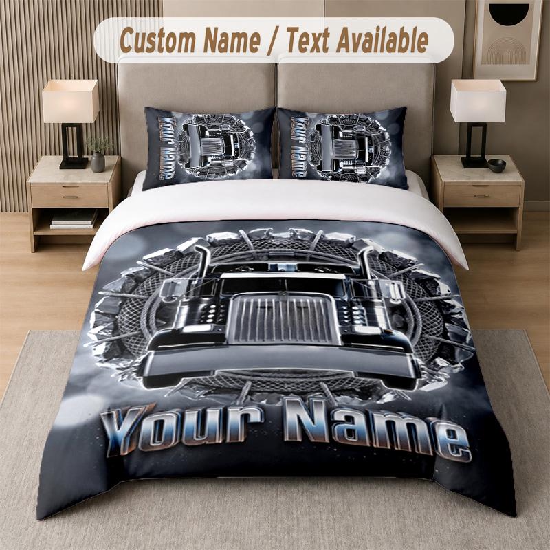 Truck Theme Custom Text Or Name 3Pcs Bedding Set 1 Flat Sheet & 2 Pillowcases Personalized Home Bedding