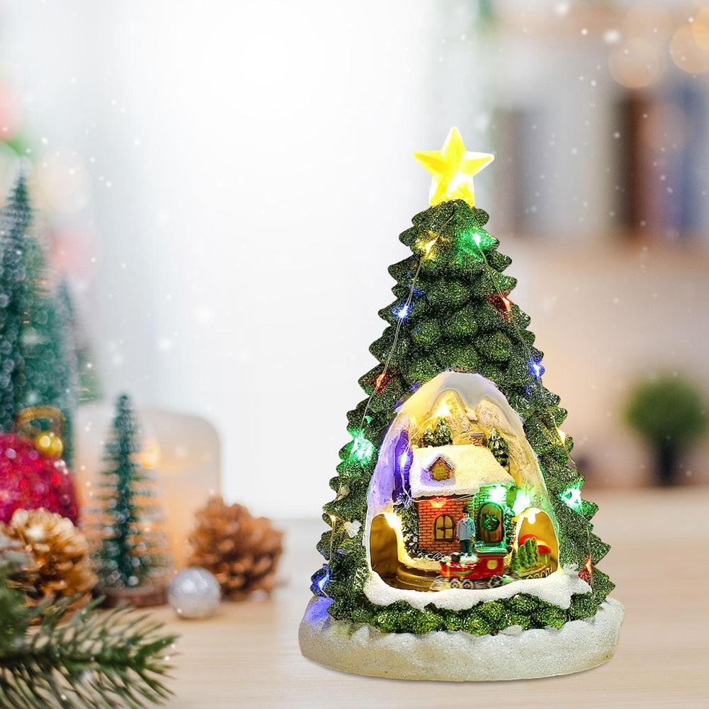 M-Modern-Christmas Tree Light House Music Decoration Adult Children Rotating Train Winter Scene House Desktop Holiday Decor