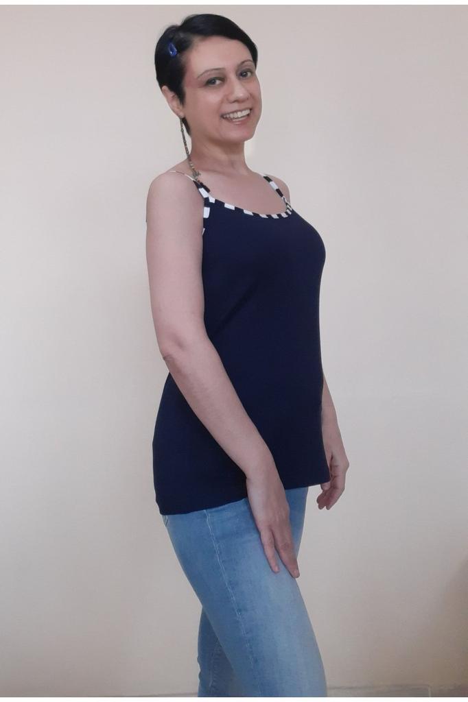 Women's Style Big Size T-Shirt Navy Blue Combed Viscose Thread Strap T-Shirt With Piping Detail