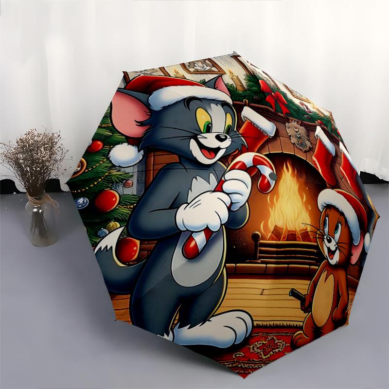 1pc Tom and Jerry's Christmas Adventure Durable Cartoon Folding Cartoon Umbrella, Portable 3-Fold Compact Umbrella for Men and Women, Suitable fo
