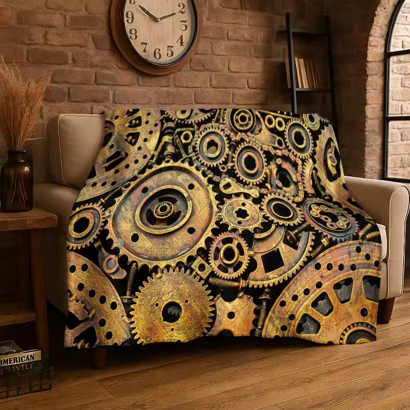 Retro Gears Mechanical Cogs Flannel Blanket Soft Warm Throw Blanket for Bedroom Living Room Bed Travel Camping Picnic Cover Gift