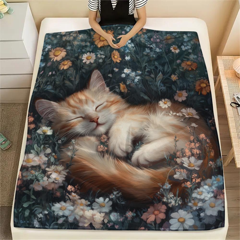 Sleeping Cats Print Flannel Blanket, High Quality Comfortable for All Seasons, Home Decor, Warmth and Comfort