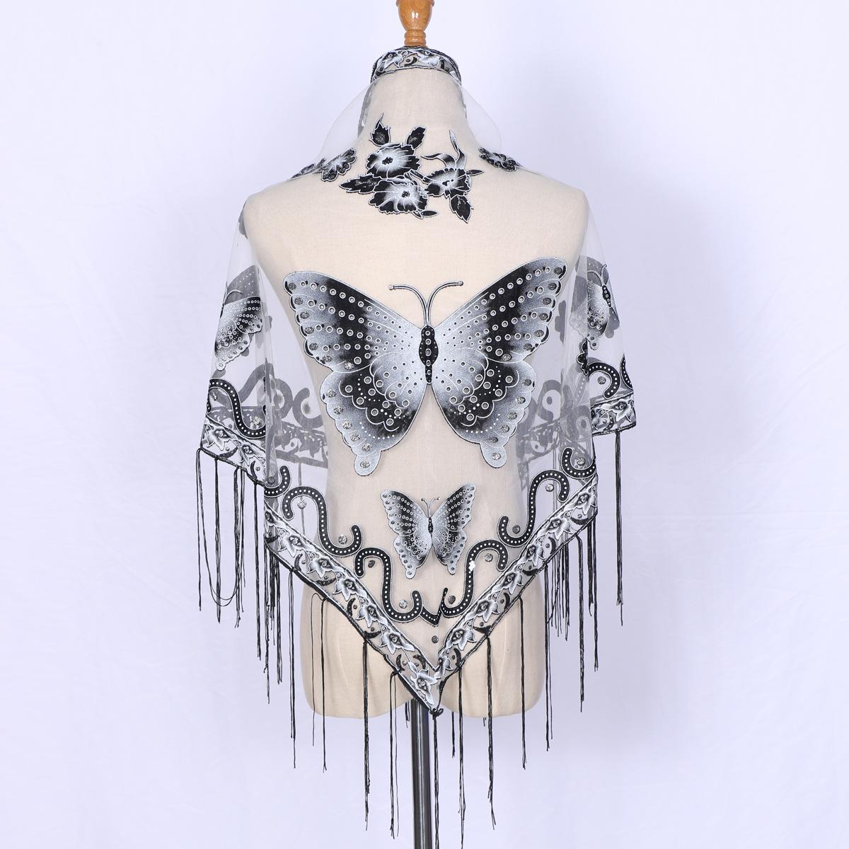 

Tassel Triangle Scarf Solid Color Hollow Lace Butterfly Embroidery Triangle Shawl Scarf For Women