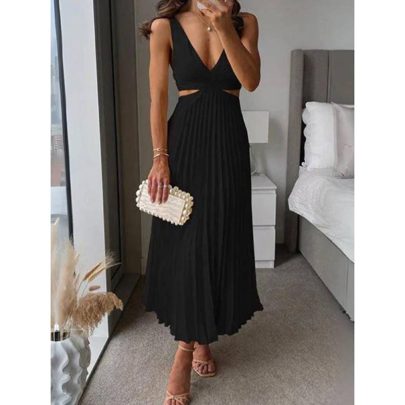 Elegant Summer Sleeveless Vneck Pleated Backless Maxi Dress For Women