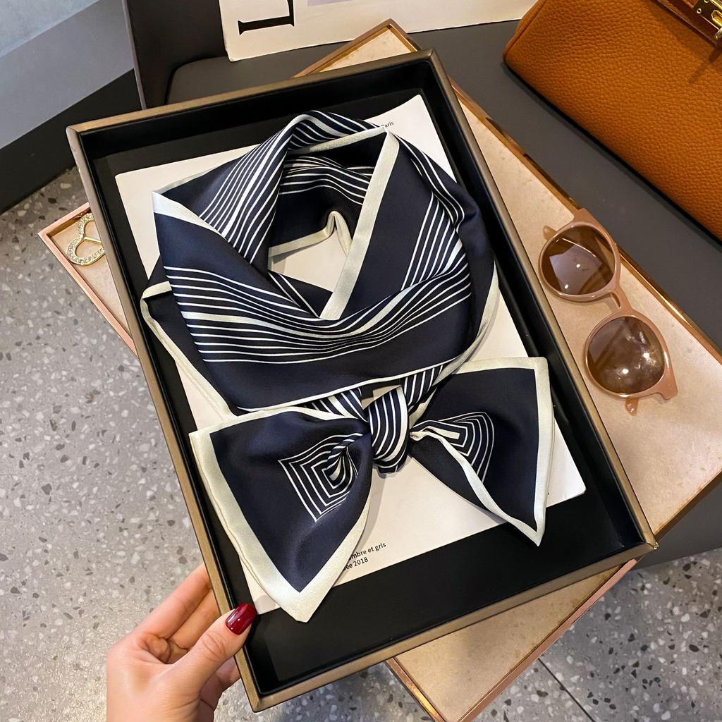 Fresh Polka Dot Print Silk Scarf Women'S Chiffon Satin Double Layer Neck Scarf Bag Handle Bow Tie Hair Band Fashion Accessory