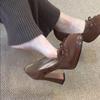 2026 Autumn/Winter Vintage Brown Bow Suede Mouth Thick French High Heels