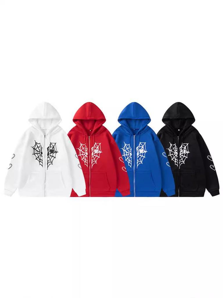 Cross-border Spider Web Heart Print Fleece-Lined Hooded Cardigan