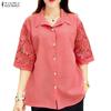 Women Casual Turn Down Collar Lace Splice Half Sleeve Blouse