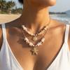 Metal Starfish Shell Pendant Crushed Stone Double Layer Necklace For Women Men Boho Beach Star Choker Summer Vacation Jewelry
