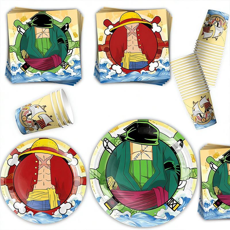 Anime One Piece Disposable Tableware Birthday Party Decoration, Cartoon Luffy Zoro Tableware Tablecloth Balloon Party Supplies