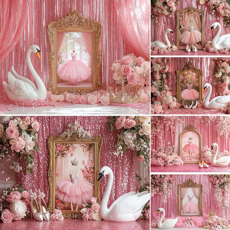 LS Fotografie Hintergrund Ballettschläppchen Schwan Rosa Vorhänge Dekoration Mädchen Prinzessin Geburtstagsparty Cake Smash Foto Kulisse Studio