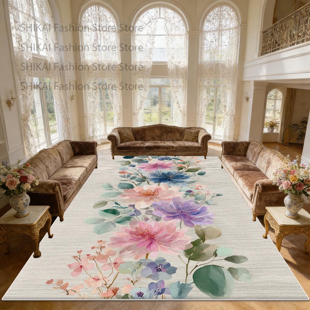 French Countryside Flower Style Living Room Rug Home Decoration Luxury Washable Soft Carpet Large Area Non-slip Fluffy Floor Mat