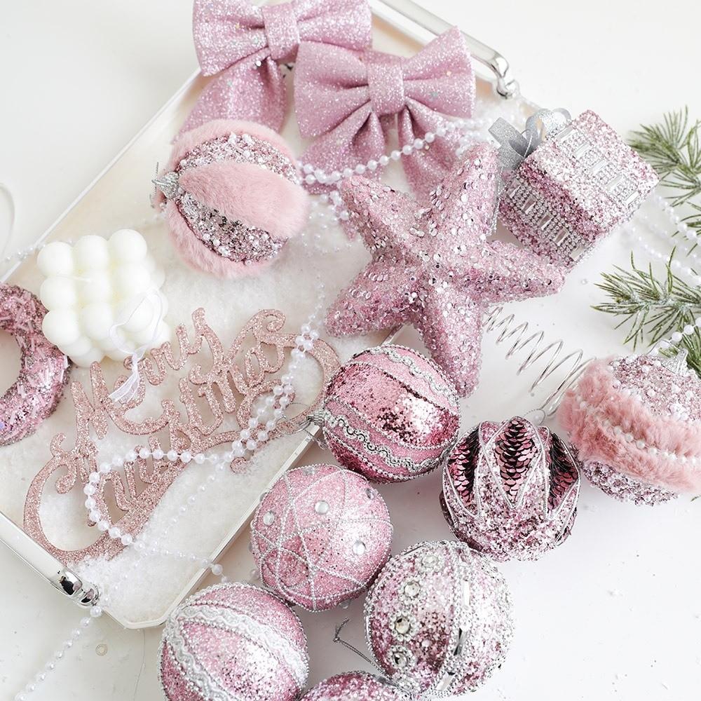 Pink Christmas Tree Ornaments Foam Ball Bow Tree Top Star Shatterproof Xmas Tree Hangings Pendant DIY Xmas Decorations
