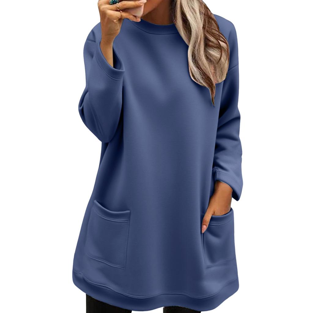 Women's Long-sleeved Loose Fashion Pocket Pullover Round Neck Long Sweatshirt