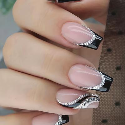 24 Stück glänzende mittelgroße künstliche Ballettnägel, schwarze French Tip Press On Nails mit silbrig-glitzerndem, weißem Wirbel-Design, süße, coole künstliche Nägel für Frauen und Mädchen
