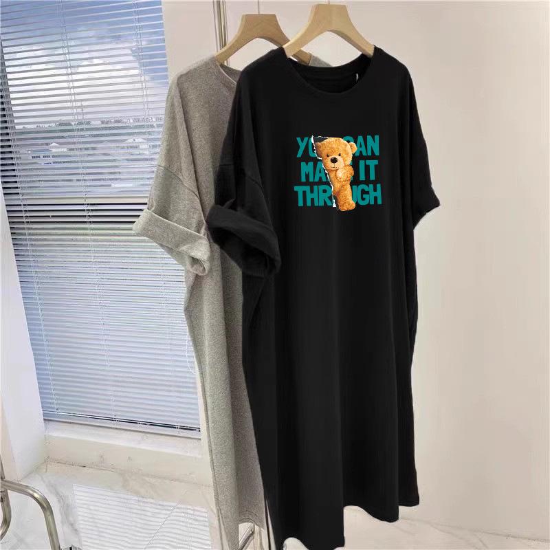 Korean Hip-Hugging Printed Plus Size Summer Dress, Mid-Length Over-the-Knee T-Shirt Style for Women, 2025 New Collection