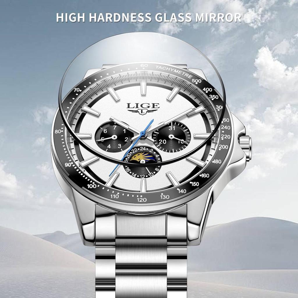 LIGE Unique Dial Quartz Man Watch Stainless Steel Business Luxury Clocks 24-Hour Moon Phase Waterproof Date Week Watches