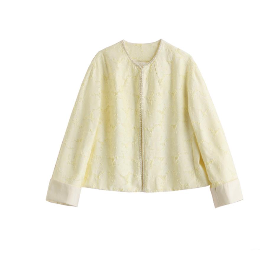 Spring and Autumn New Xiaoxiangfan Fashion Temperament Age-reducing Top Yellow White Super Good-looking Jacquard Short Coat Women