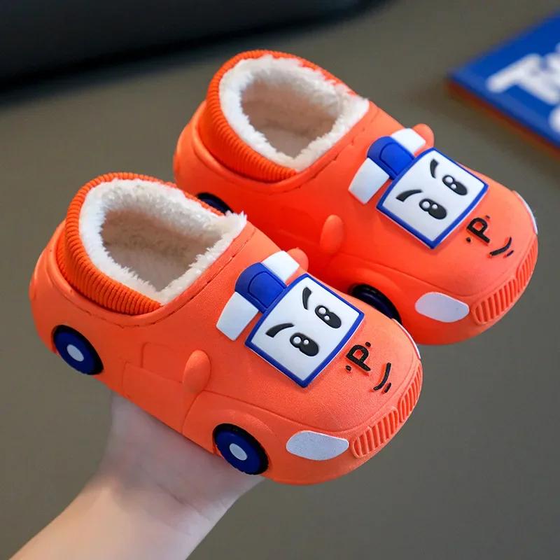 

Cartoon Car Slippers Children Winter Warmer Plush Slides Babi Lovely Indoor Slippers Shoes Kids 22-23inside13.5CM