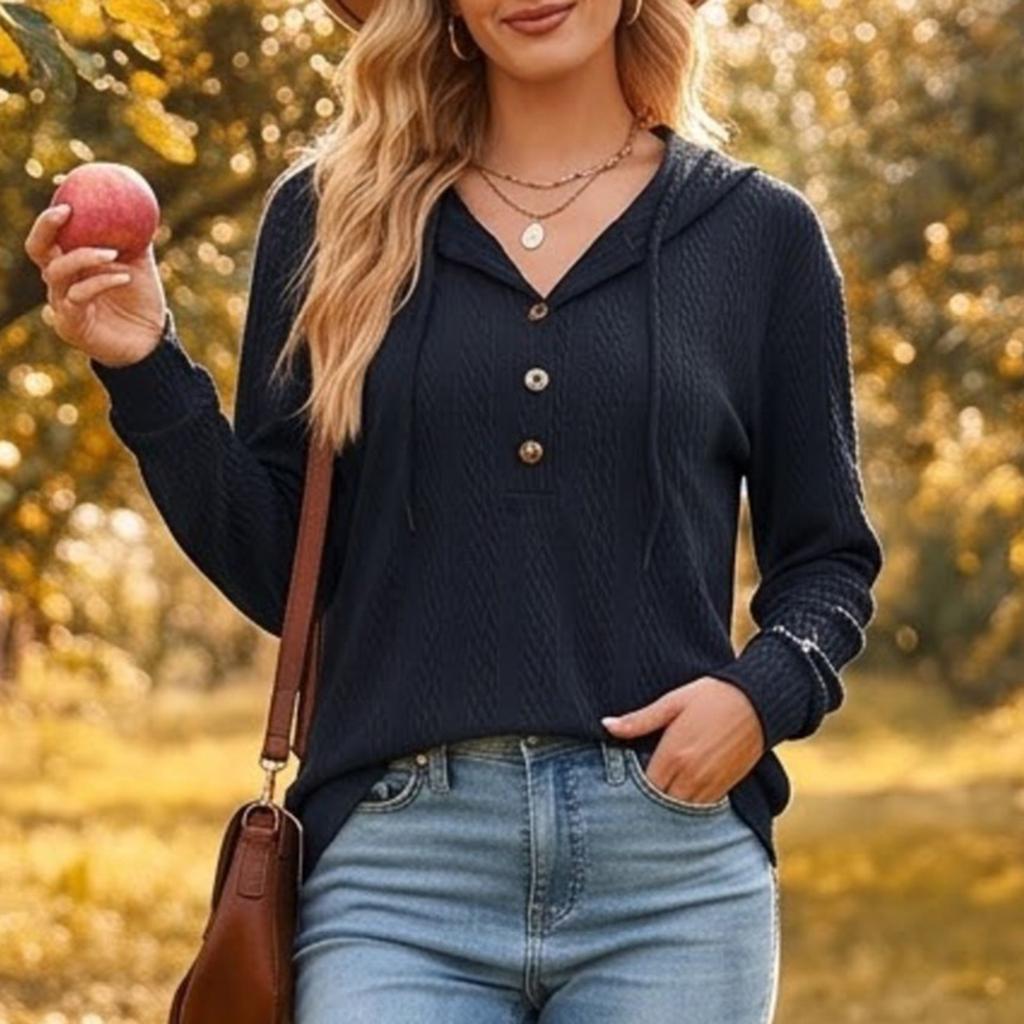 Women's Color Hooded Sweatshirt with Button Front, Loose Fit Long Sleeve Casual Pullover