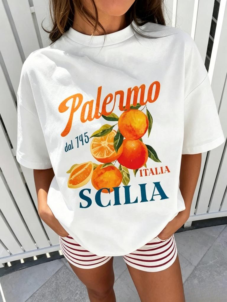 T-shirt Estiva Nuova Unisex Girocollo Manica Corta Stampa Arancia Frutta Lettere Personalità alla Moda Comoda
