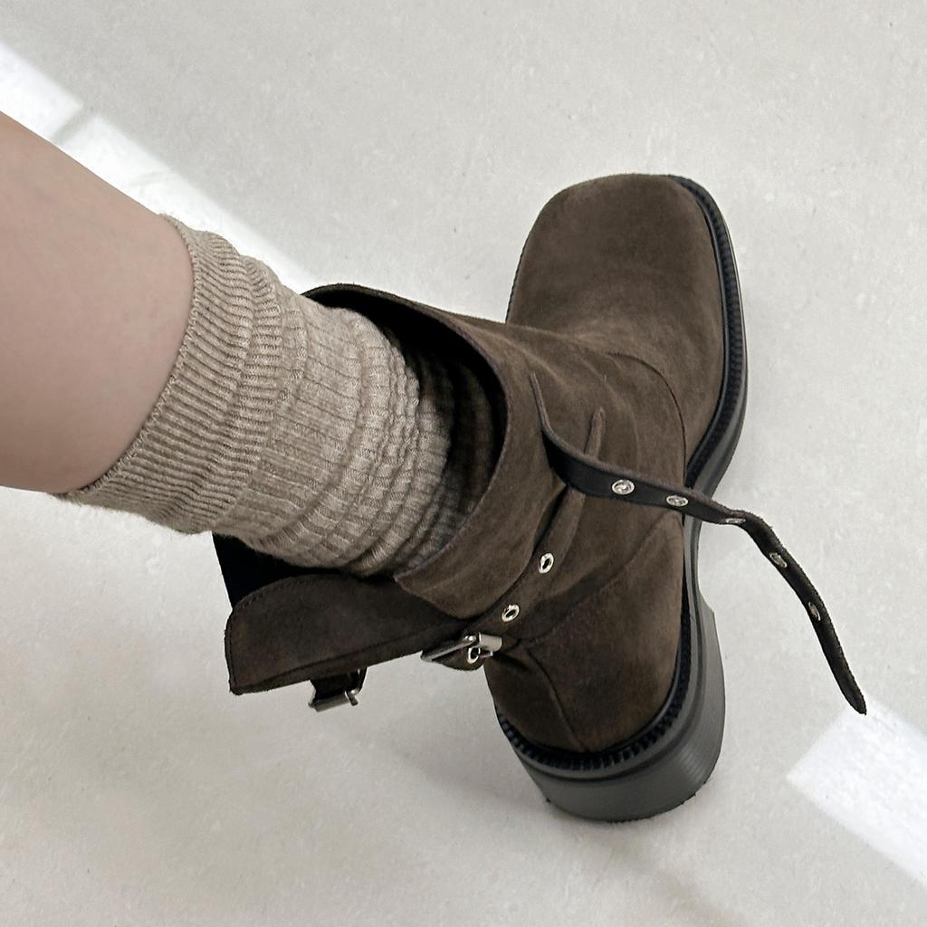 Cowhide version~ Square head retro belt buckle short knight boots women's western cowboy boots thin thick heel locomotive short boots