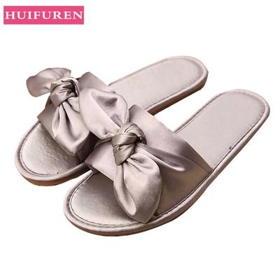 Fashion Women Home Slipper Indoor Outdoor Bow Flip-flops Fashion Silk Flat Shoes New Female Casual Flower Print Slides SH021401