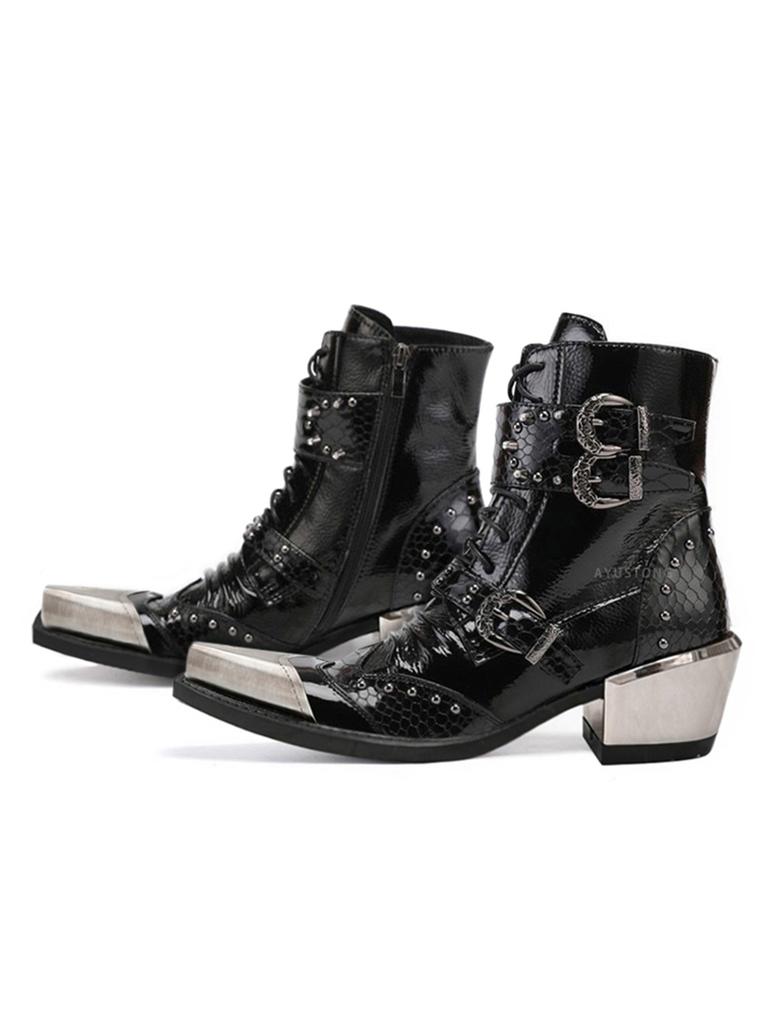 Dark Rock Men's and Women's Niche Punk Western Cowboy Metal Thick Heel Youth Stage Leather Short Boots Trend