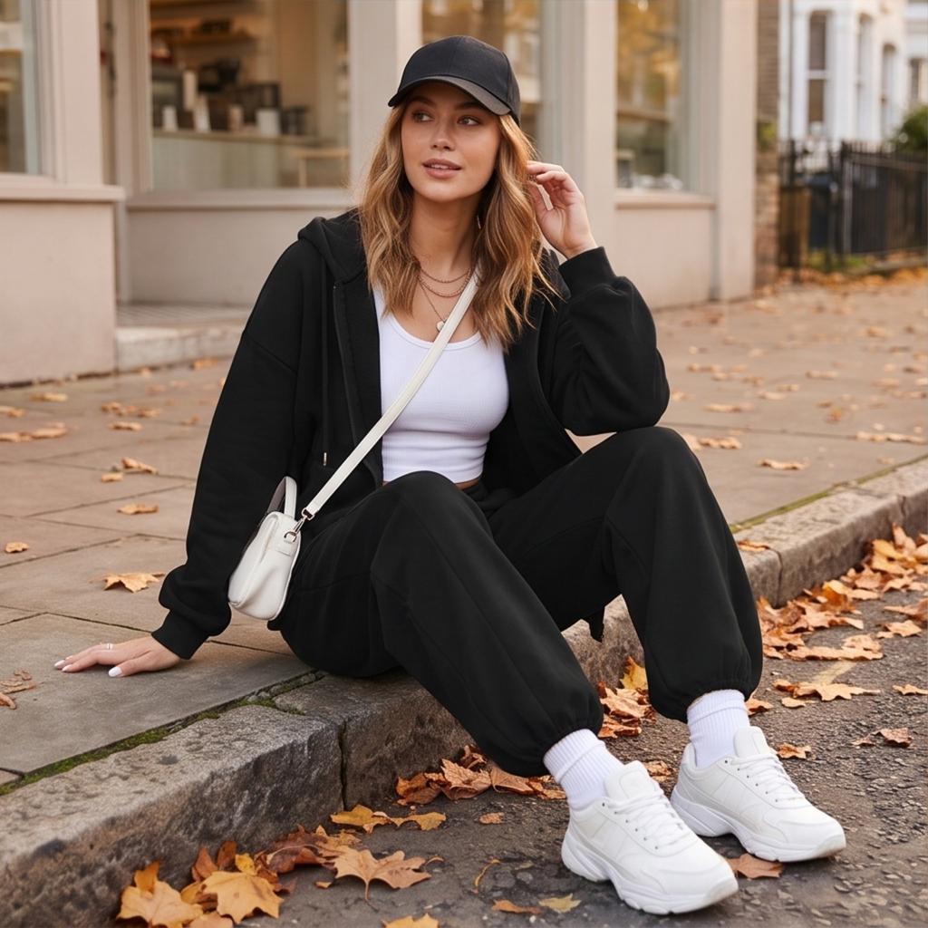 Unisex Lockere Passform Reißverschluss Hoodie mit und Weiter Bein Jogginghose 2-teiliges Trainingsanzug Set Farbe Sportbekleidung