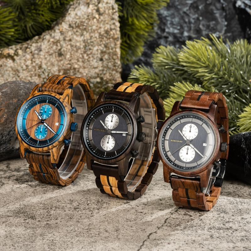 BOBOBIRD Leisure Sports Wood Watch Men's Stainless Steel Back Cover Multifunctional Men's Watch