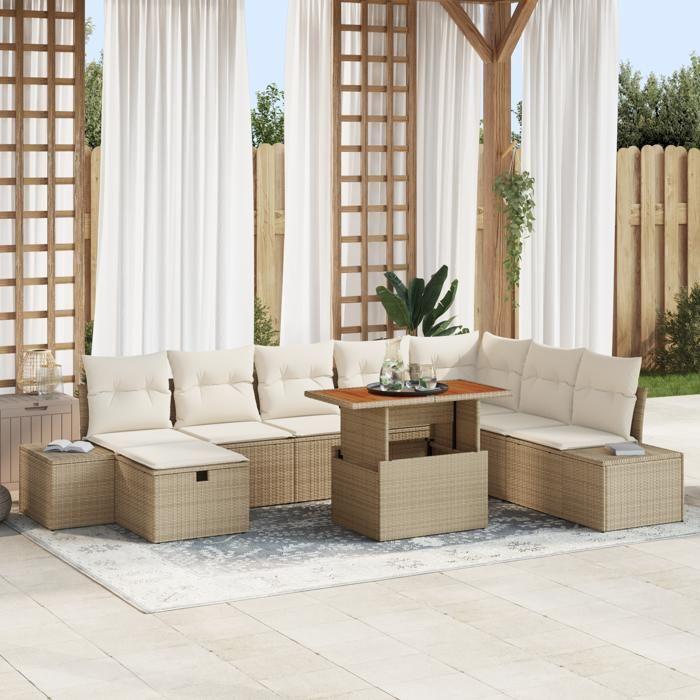 VidaXL Ensemble de canapé de jardin 9 pièces avec coussins Beige Poly Rotin 3360068