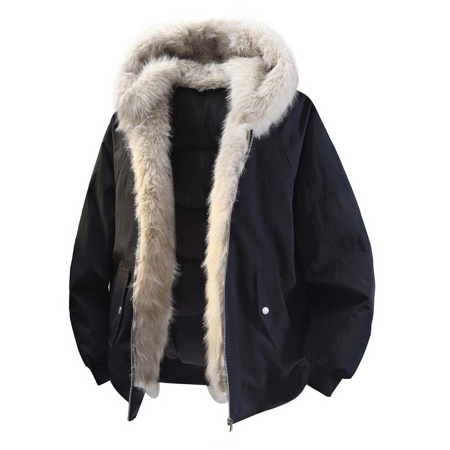 

Men s and Women s Down Jacket with Big Fur Collar - Kua Jiao 90% White Duck Down Patchwork Design Large чорний