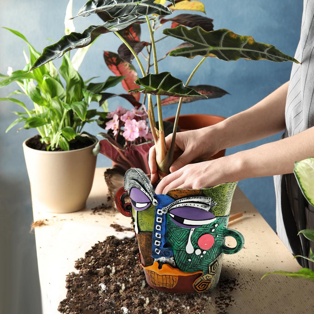 Abstract Face Plant Pots Unique Funny Face Flower Pot with Drainage Hole Decorative Colorful Planter Art for Outdoor Garden Home