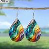 2D Flat Lightweight PU Leather Printed Teardrop Earrings, Blue-Purple Gradient Marble Pattern & Black Rose Design, Women's Fashion Pendant Earrings