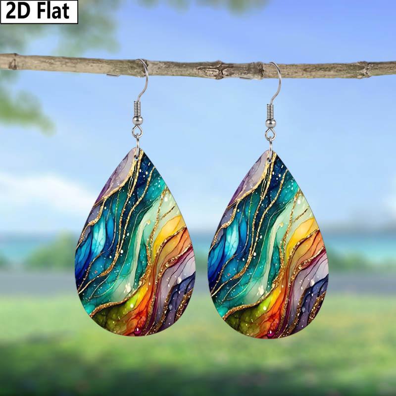 2D Flat Lightweight PU Leather Printed Teardrop Earrings, Blue-Purple Gradient Marble Pattern & Black Rose Design, Women's Fashion Pendant Earrings