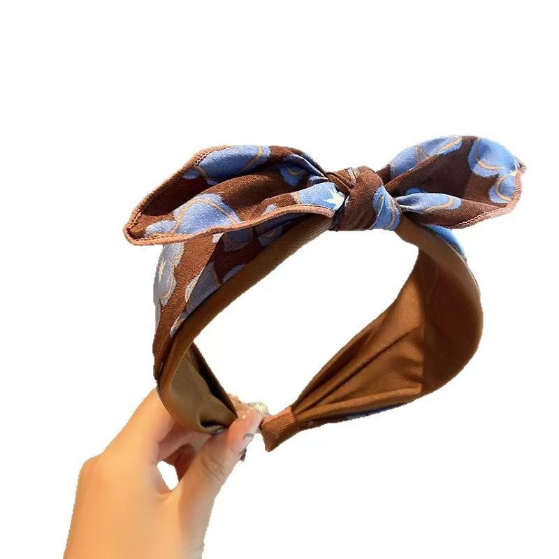 High-End Floral Blue Coffee Bow Headband: Versatile Women's Wide-Brim Hair Accessory