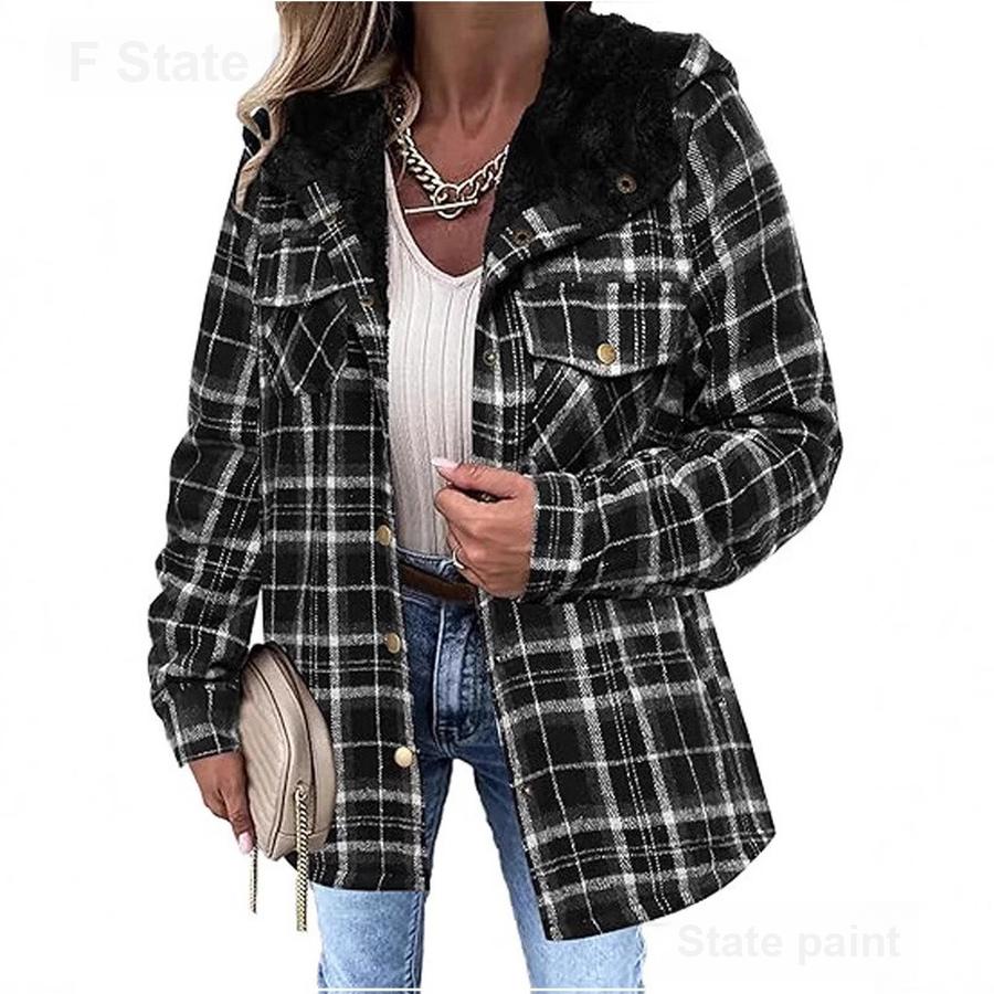Fall Winter Women's Plaid Casual Versatile Jacket Long Sleeve Hooded Coat with Pockets
