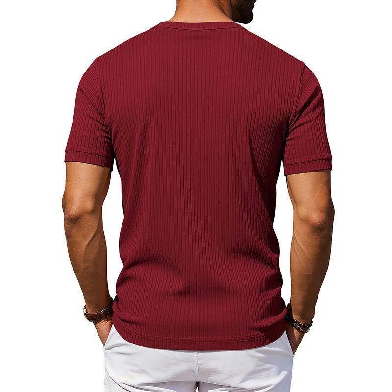 Men Retro Casual Ribbed Henley Short Sleeve Sports T Shirt