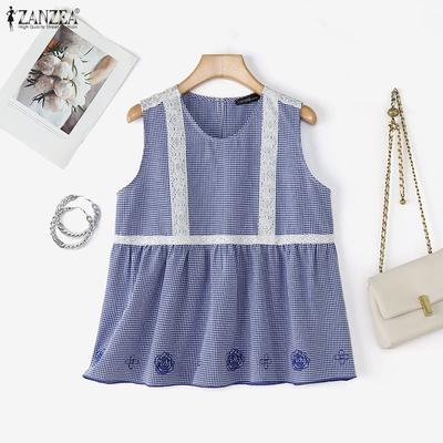 Women Plaid Print Casual Round Neck Sleeveless Tank Tops