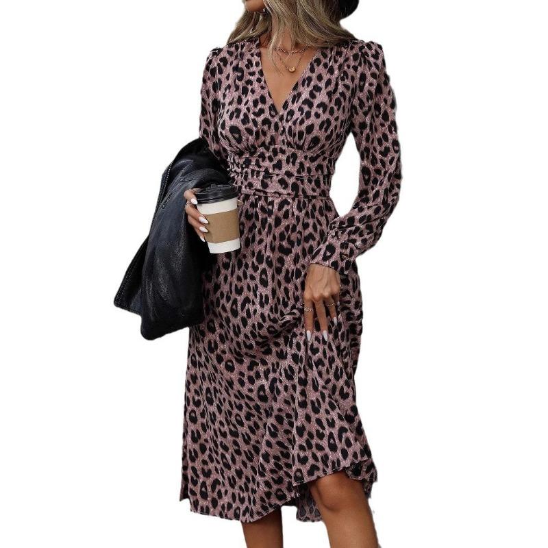 Women's Autumn Leopard Print V-neck Long-sleeved Dress
