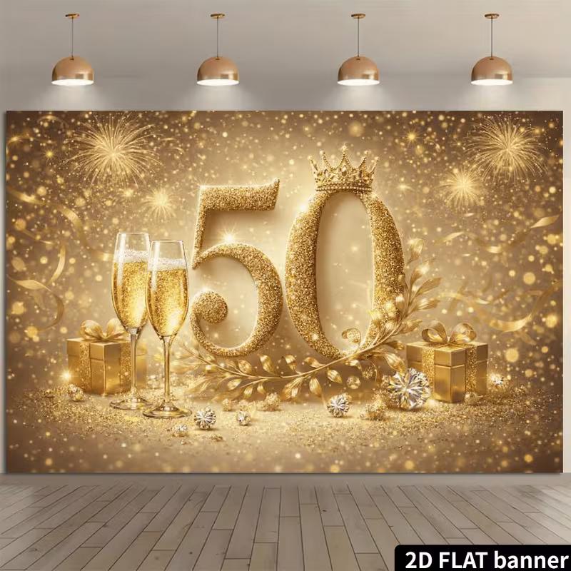 2D Sparkly 50th Birthday Backdrop for Golden Anniversary Party