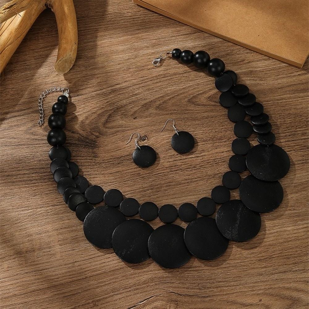 Necklace Wooden Beaded Necklace Double-layer Jewelry Set Exaggerated Round Necklace Beach