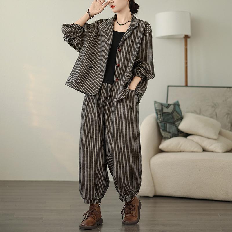 Retro Striped Plus Size Open Cardigan Jacket Wide Leg Harlan Pants Two Piece Set Spring Autumn Cotton Casual Wear