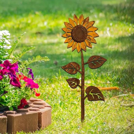 Rostige Blumenbeet-Stange Dekoration Wetterfest Innen Außen Hof Rasen Terrasse Weg Metall Blumen-Silhouette Schild Stange Ornament
