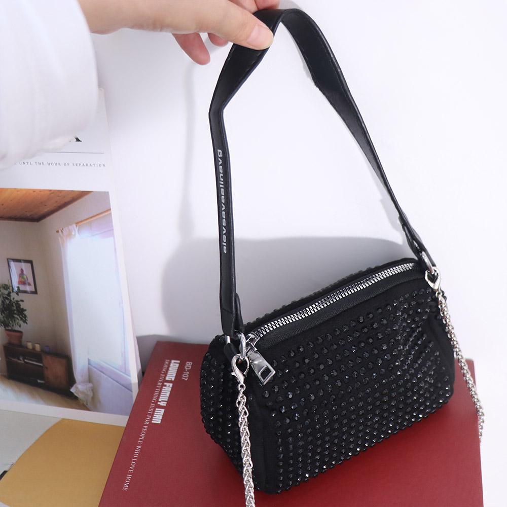 Large Capacity Rhinestone Handbag Zipper Chain Shoulder Bag Retro Small Square Bag  Party