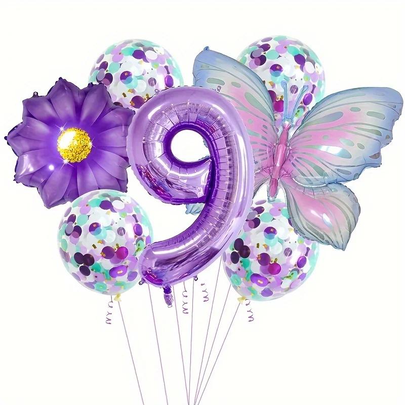 9PCS Butterfly Number Balloons Set Birthday Party Decorations Anniversary Layout Celebration Indoor Event Party Decor Supplies