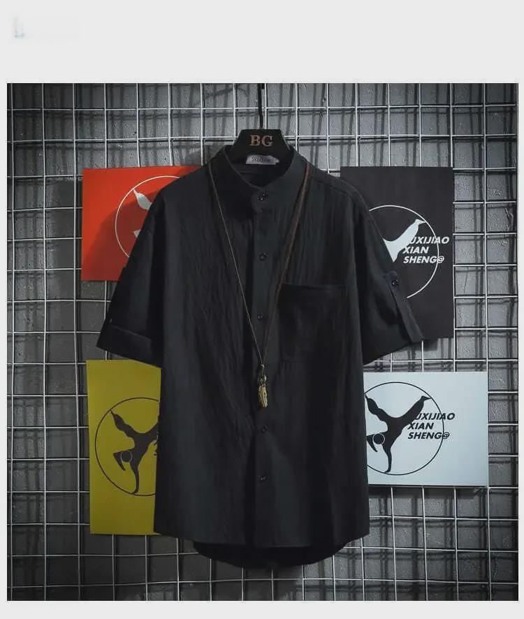 Übergröße Herren Hemd im japanischen Stil mit Stehkragen und kurzen Ärmeln, einfarbig